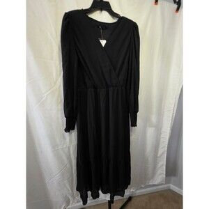 PrettyGarden Women's Black Long Sleeve Midi Dress V-Neck Large L